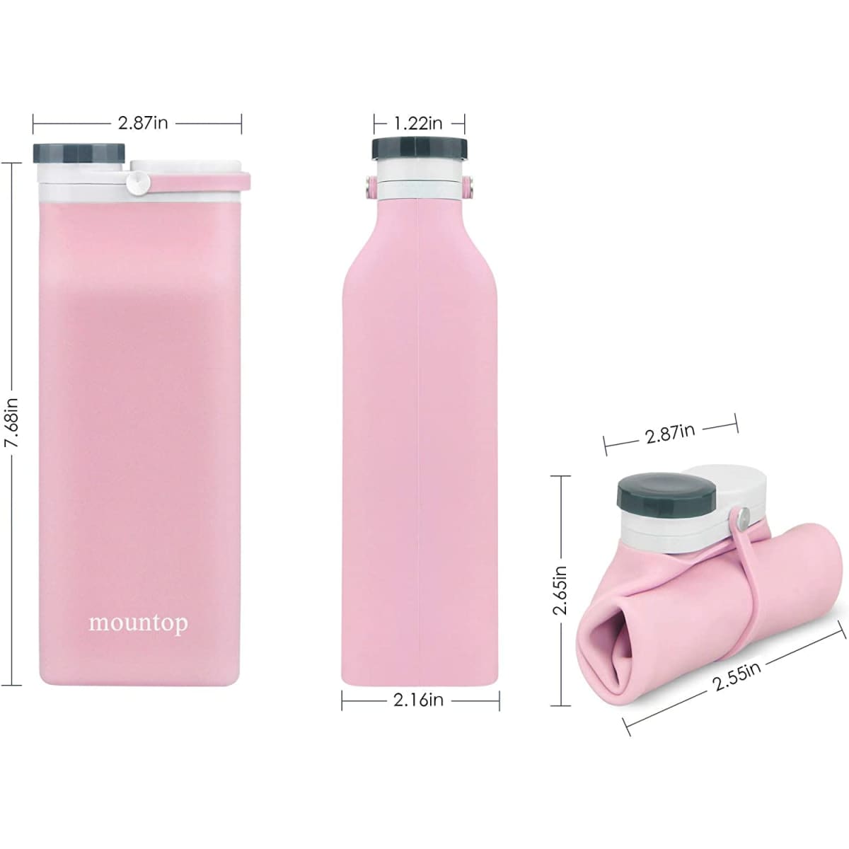 A drink bottle with a sleek design in pink, featuring a logo and a foldable, reusable structure.