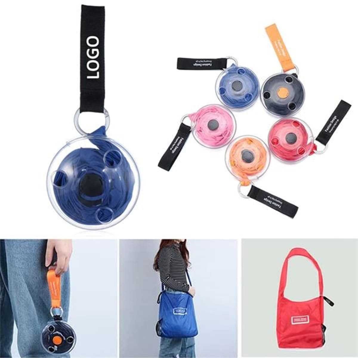 A set of folding telescopic storage bags in various colours: blue, pink, black, and red, featuring logos and key rings.