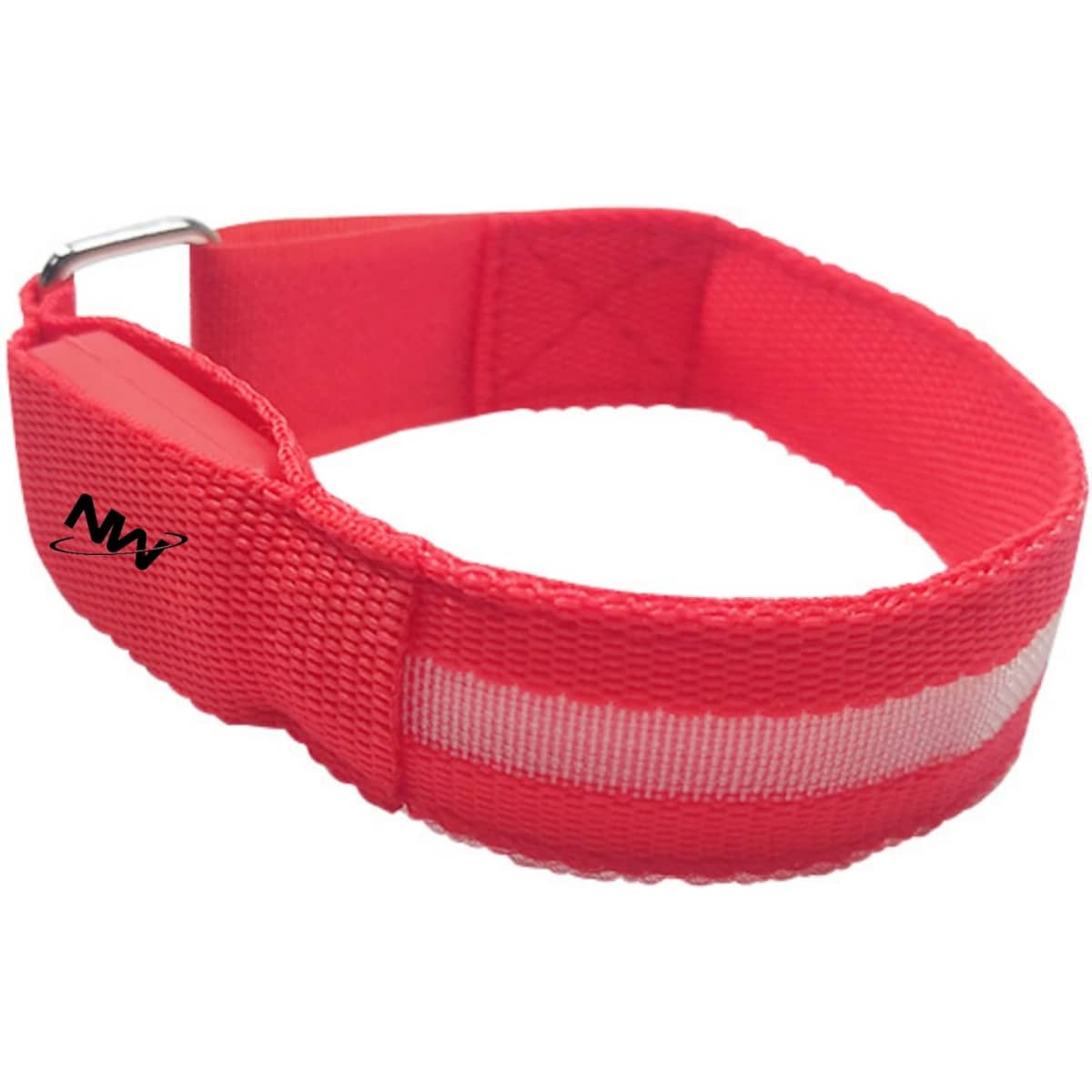 A red LED bracelet with a reflective strip and an adjustable buckle. The product includes a logo.