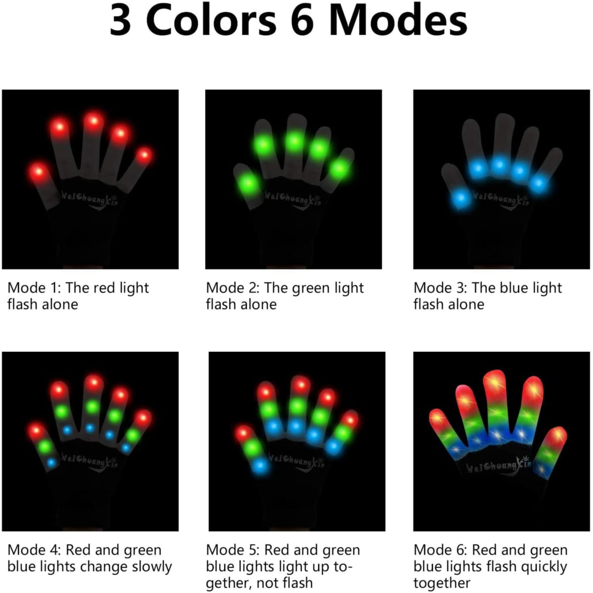LED gloves featuring three colours: red, green, and blue. Six lighting modes are displayed on a black background.