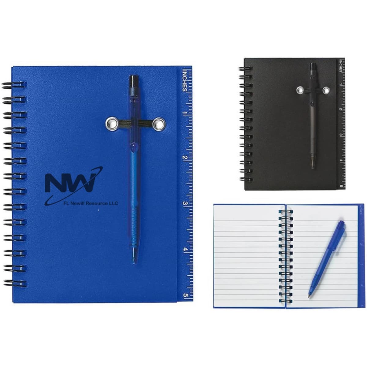 A blue spiral notebook with a pen attached, featuring a ruler on the cover and lined pages inside.
