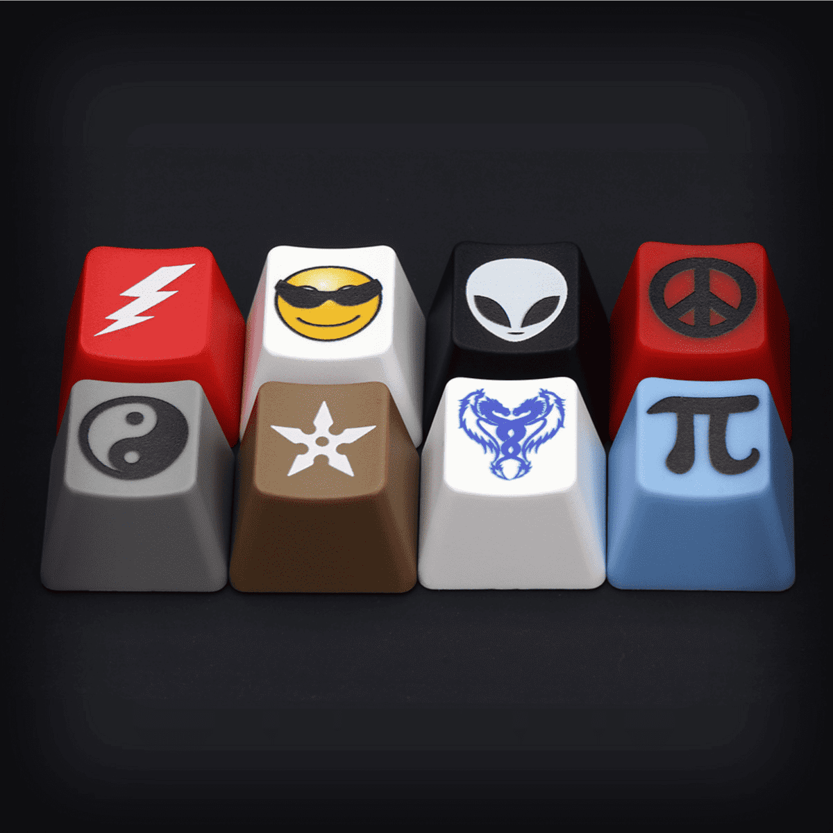 Arrow keycaps in various colours featuring distinct symbols, including lightning, peace sign, and yin-yang designs.