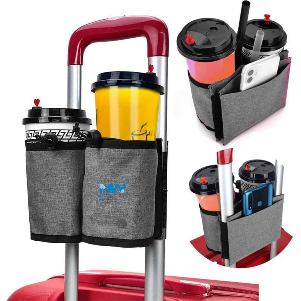 A drink bottle holder in grey, attached to a suitcase, with compartments for cups and a mobile phone.