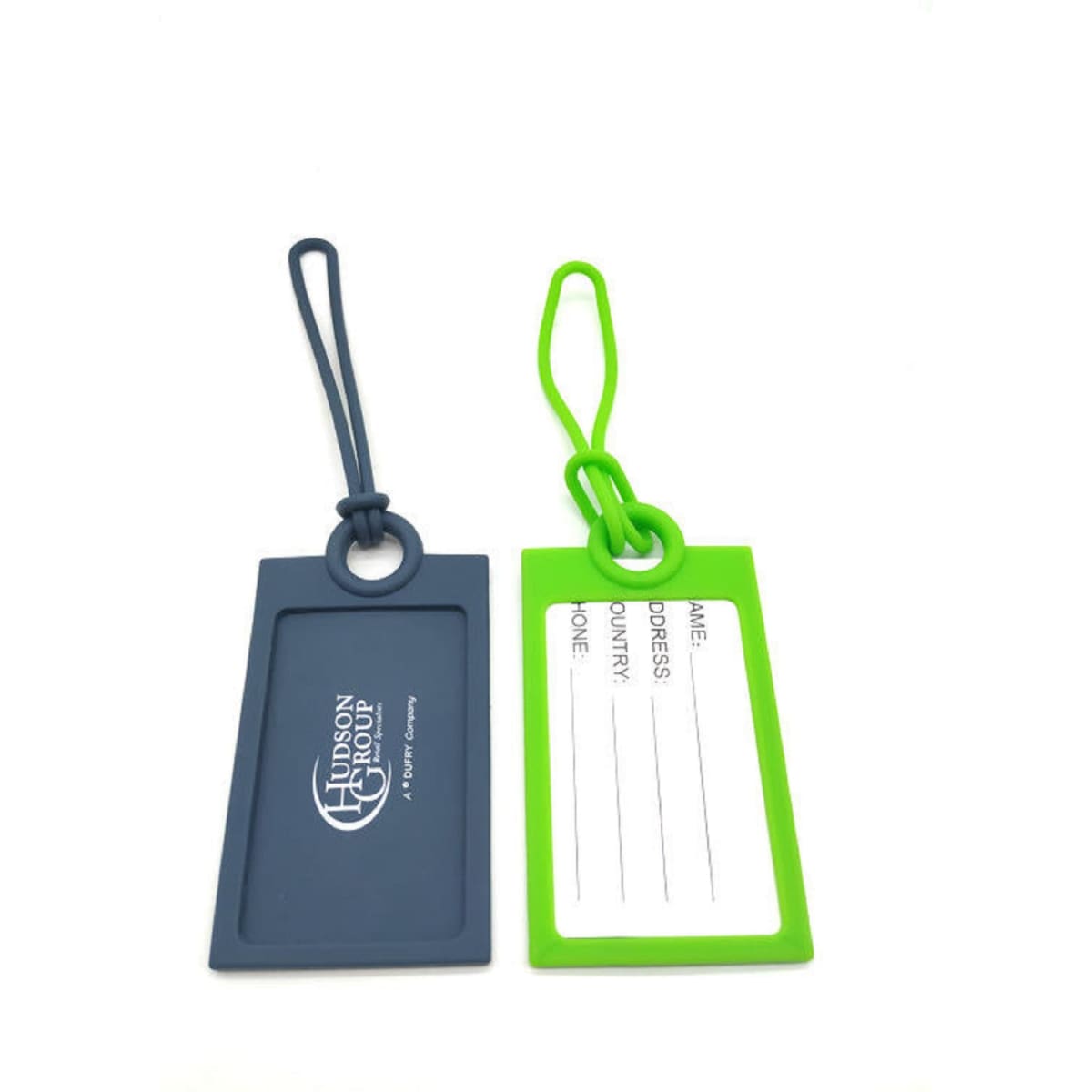 Two silicone luggage tags in navy blue and bright green, featuring a branding logo and space for personal information.
