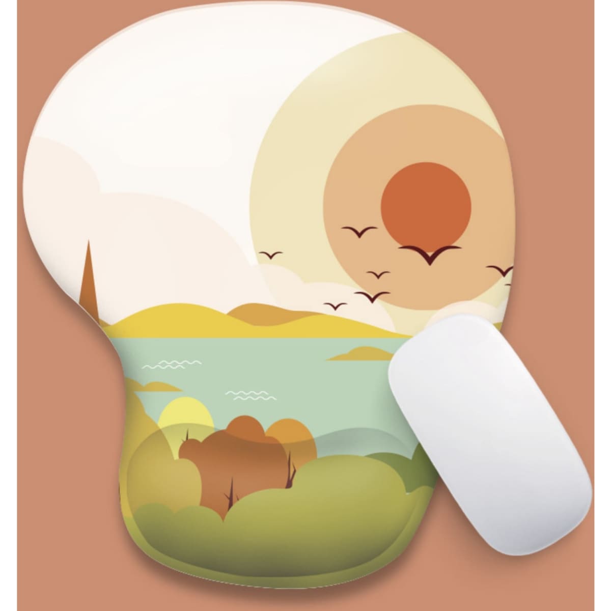 A colourful silicone wrister mousepad featuring a scenic landscape with a sunset, greenery, and birds in a soft colour palette.