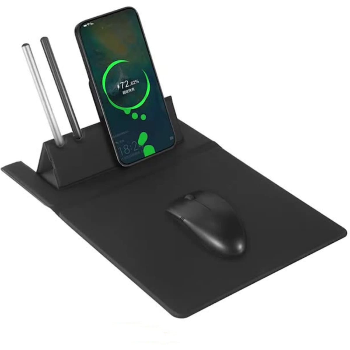 A black multi-function mouse pad with wireless charging, featuring a phone holder and slots for pens.
