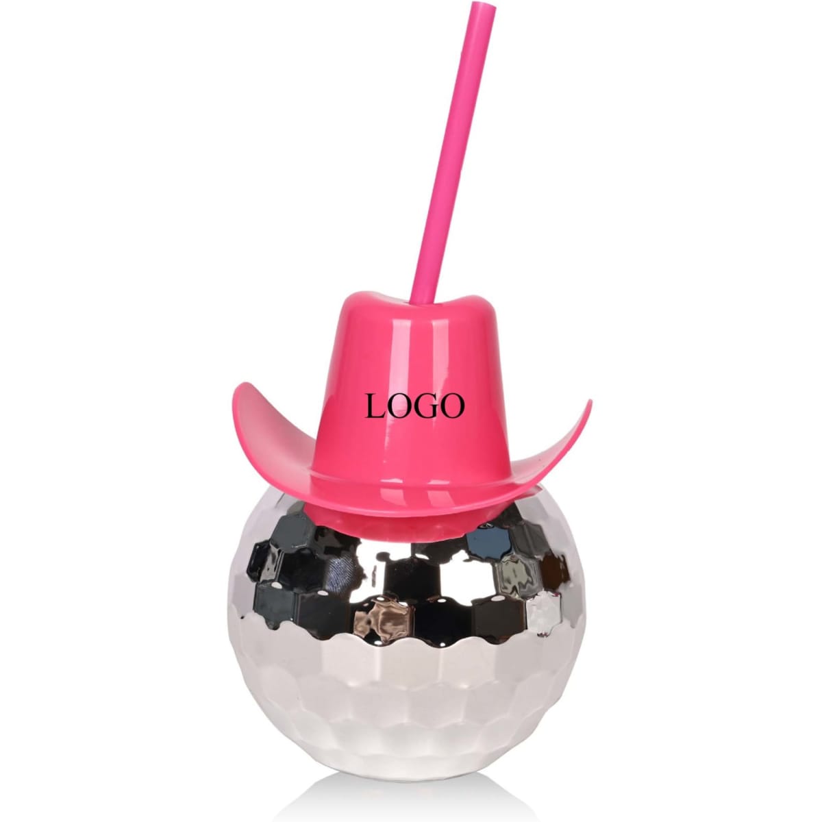 A drink bottle shaped like a disco ball with a pink cowboy hat and a pink straw. It features a logo.