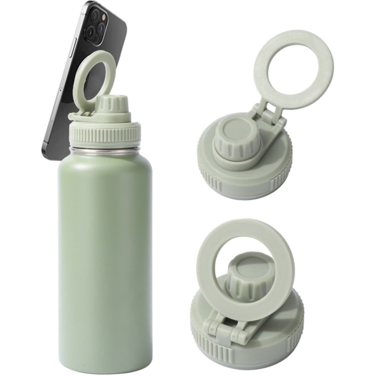 A drink bottle in a light green colour with a magnetic lid and a phone holder attachment. It features a logo.
