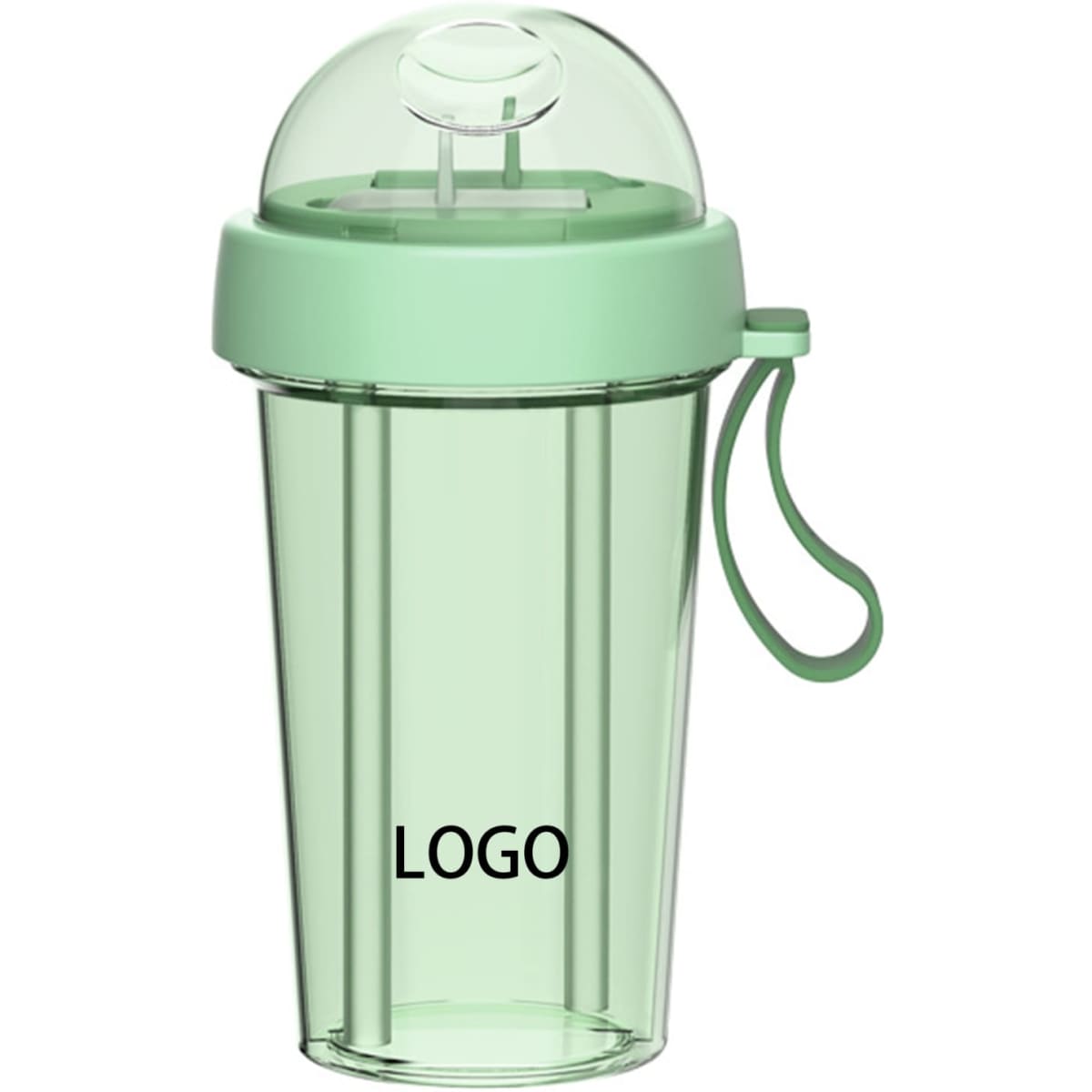 A drink bottle featuring a transparent design with a mint green lid and a built-in double drinking straw. It has a logo.
