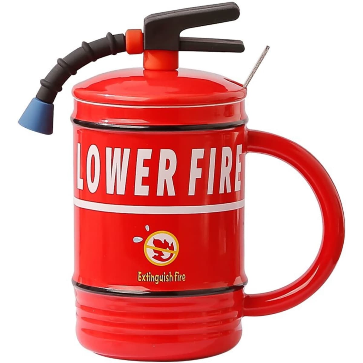 A red mug shaped like a fire extinguisher with a handle and a nozzle, featuring a logo.
