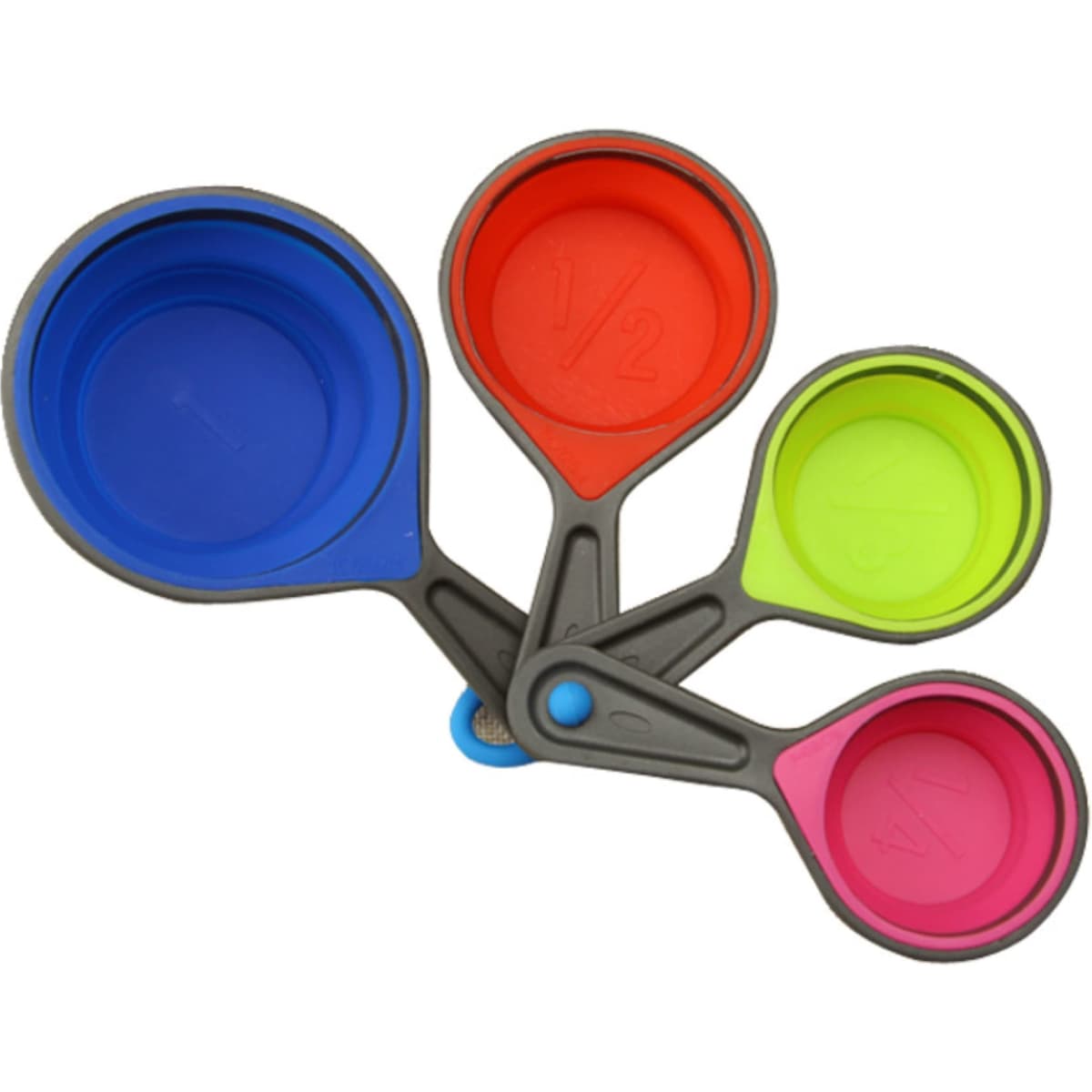 Four silicone measuring cups in blue, red, lime green, and pink, with a central connector, featuring a logo.