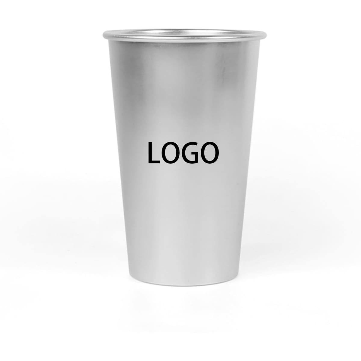 A silver 15 oz. aluminium cup with a logo, showcasing a sleek design for drinkware.