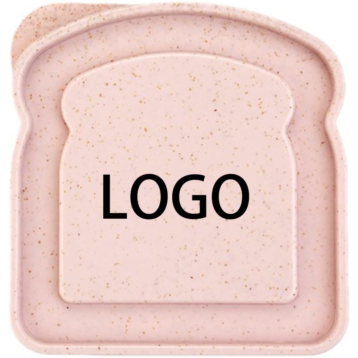 A pink wheat straw bread box with a contoured shape resembling a slice of bread, featuring a logo.