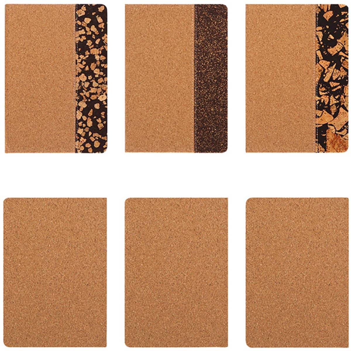 A set of eco-friendly notebooks in various designs, featuring natural cork covers in shades of brown and black.