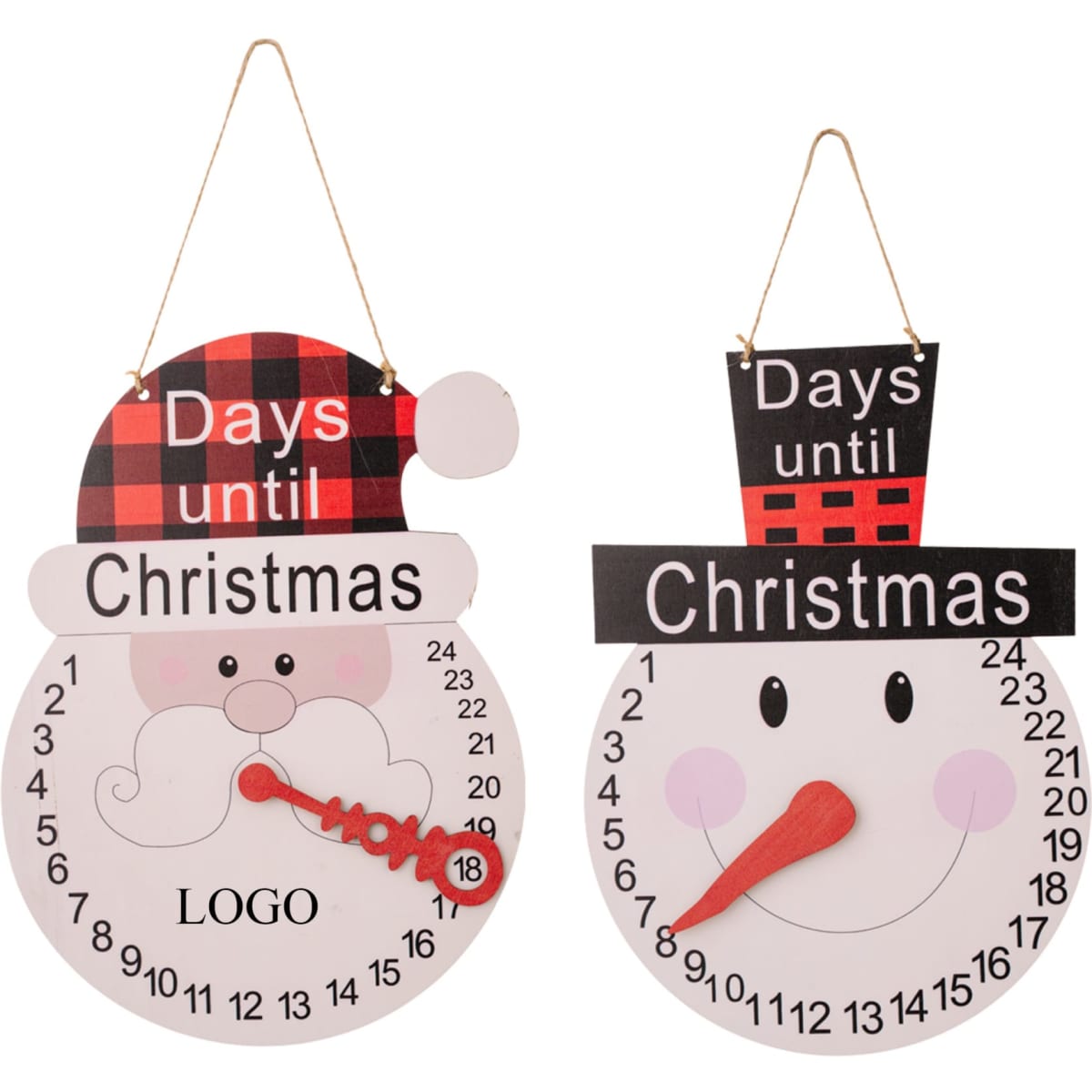 Two Christmas calendar ornaments featuring a Santa face and a snowman, both in red, white, and black colours. Each has a logo.