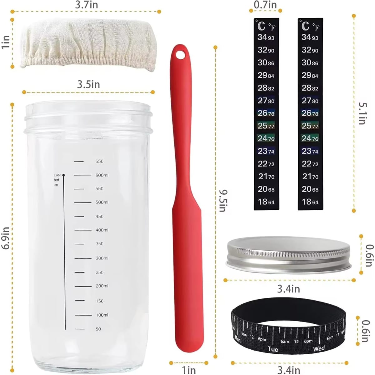 A 32 oz. clear Mason fermenter jar with a red silicone spatula, lid, fabric cover, and measurement tools, featuring a logo.