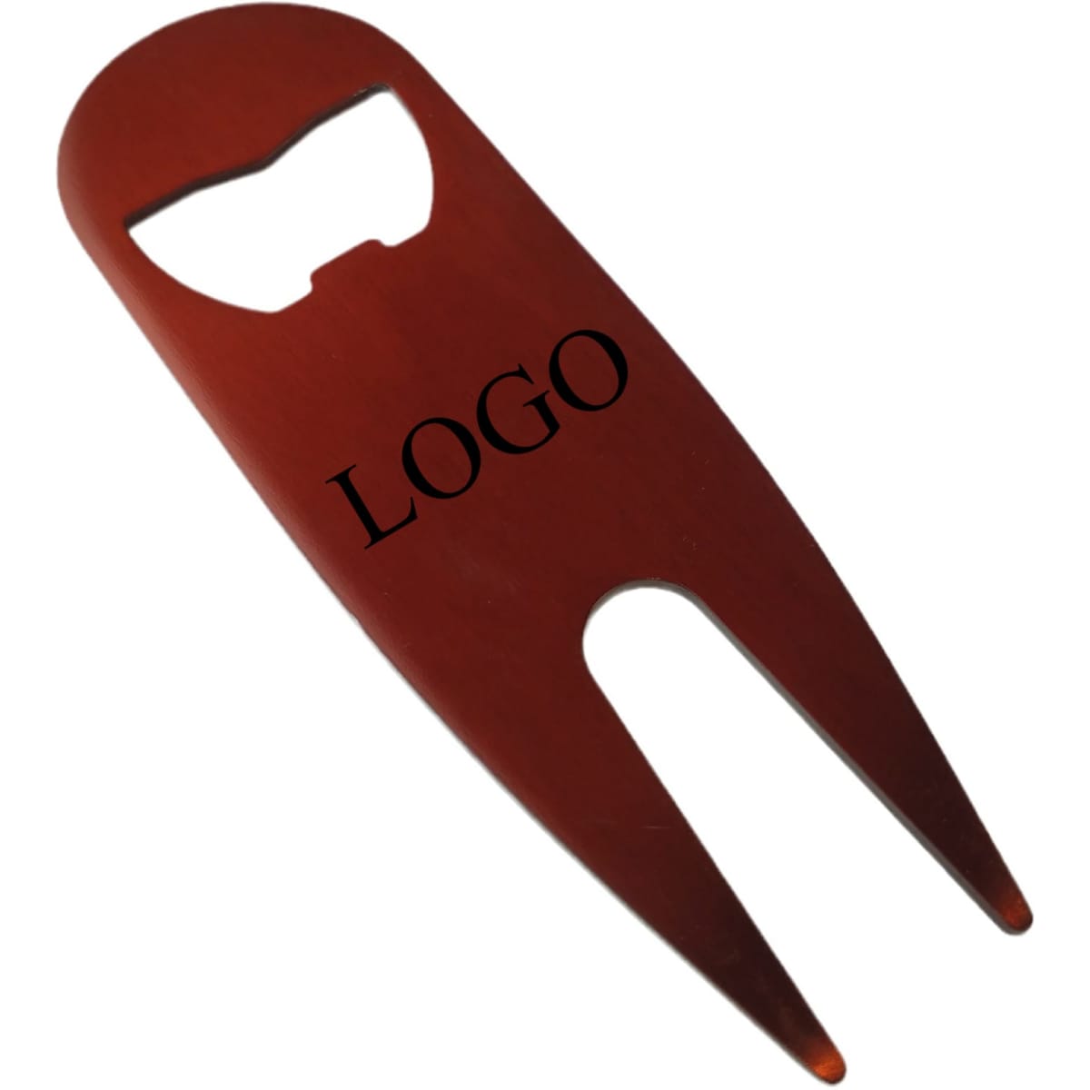 A drink bottle opener tool in a brown finish with a forked end and a logo. Suitable for golf enthusiasts.