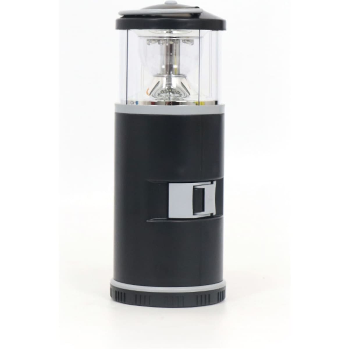 A black LED lantern with a transparent top and a tool set integrated into the design. It features a branding logo.