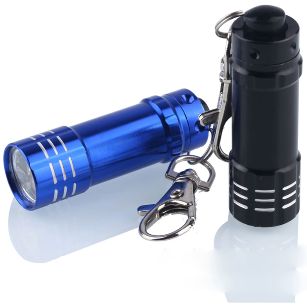 A blue and black mini flashlight with a keychain attachment. It features a metal body with a shiny finish.
