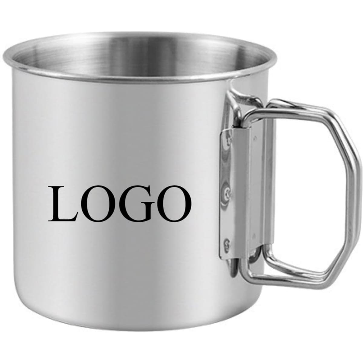 A stainless steel camping mug with a folding handle and a logo feature. Shiny metallic finish.