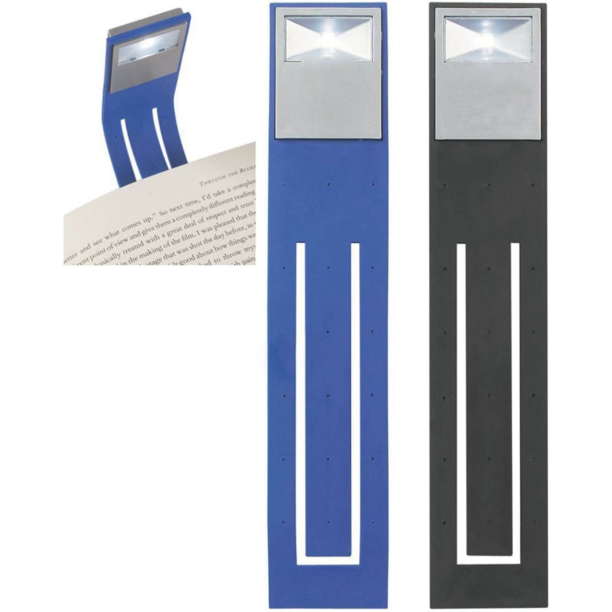 A foldable book light in blue and black, featuring a sleek design and built-in light for reading.