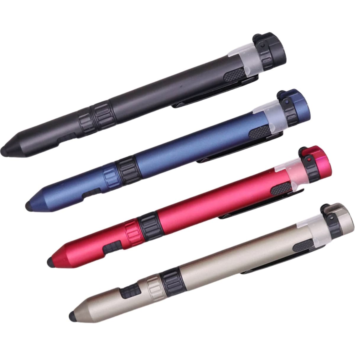 A collection of four multi-tool pens in black, blue, red, and gold, featuring various functions and a clip design.