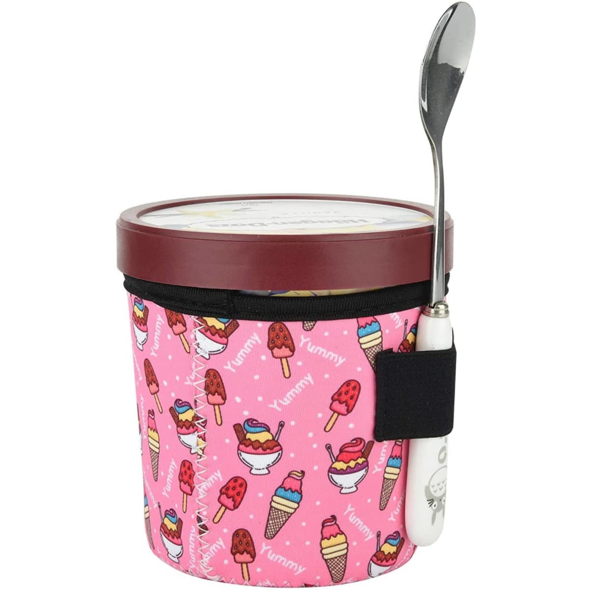 A pink insulated ice cream cup holder featuring various ice cream designs, with a spoon attached on the side.