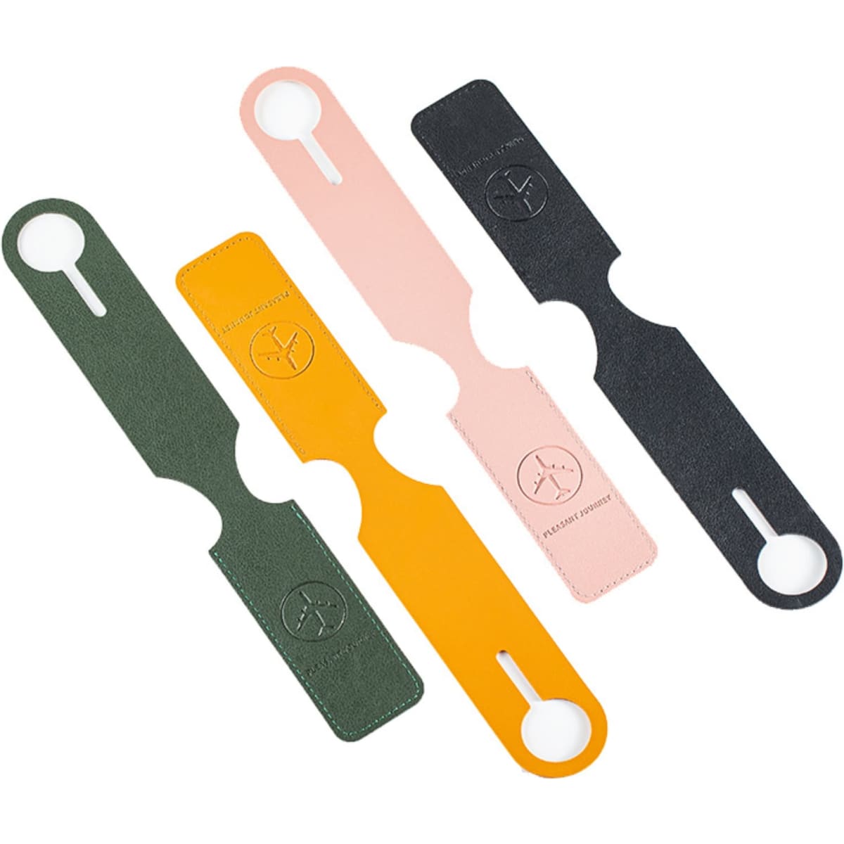 Four leather luggage tags in green, orange, pink, and black, each featuring a circular cutout and a logo.