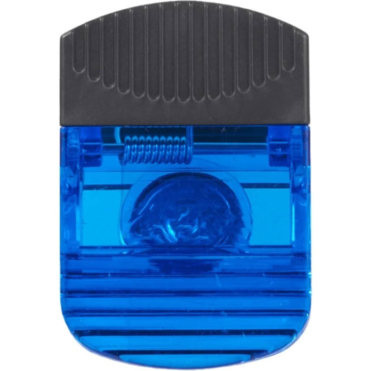 A wide rectangle clip in blue with a black top, featuring a spring mechanism and a logo.