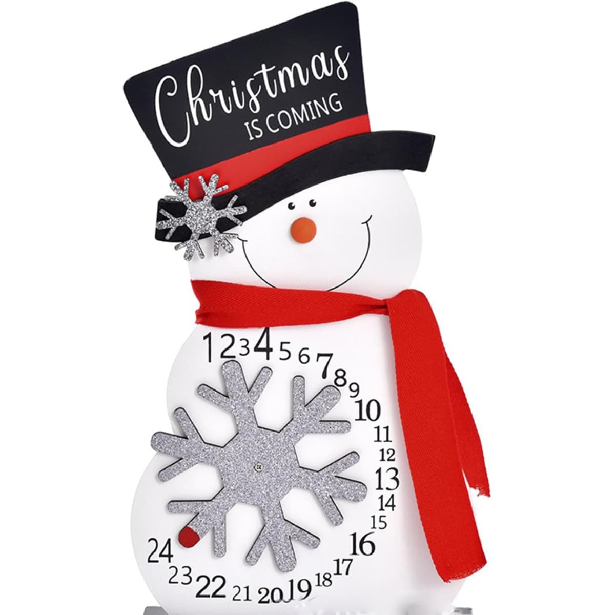A decorative Christmas calendar ornament featuring a snowman with a black hat, red scarf, and a snowflake design.