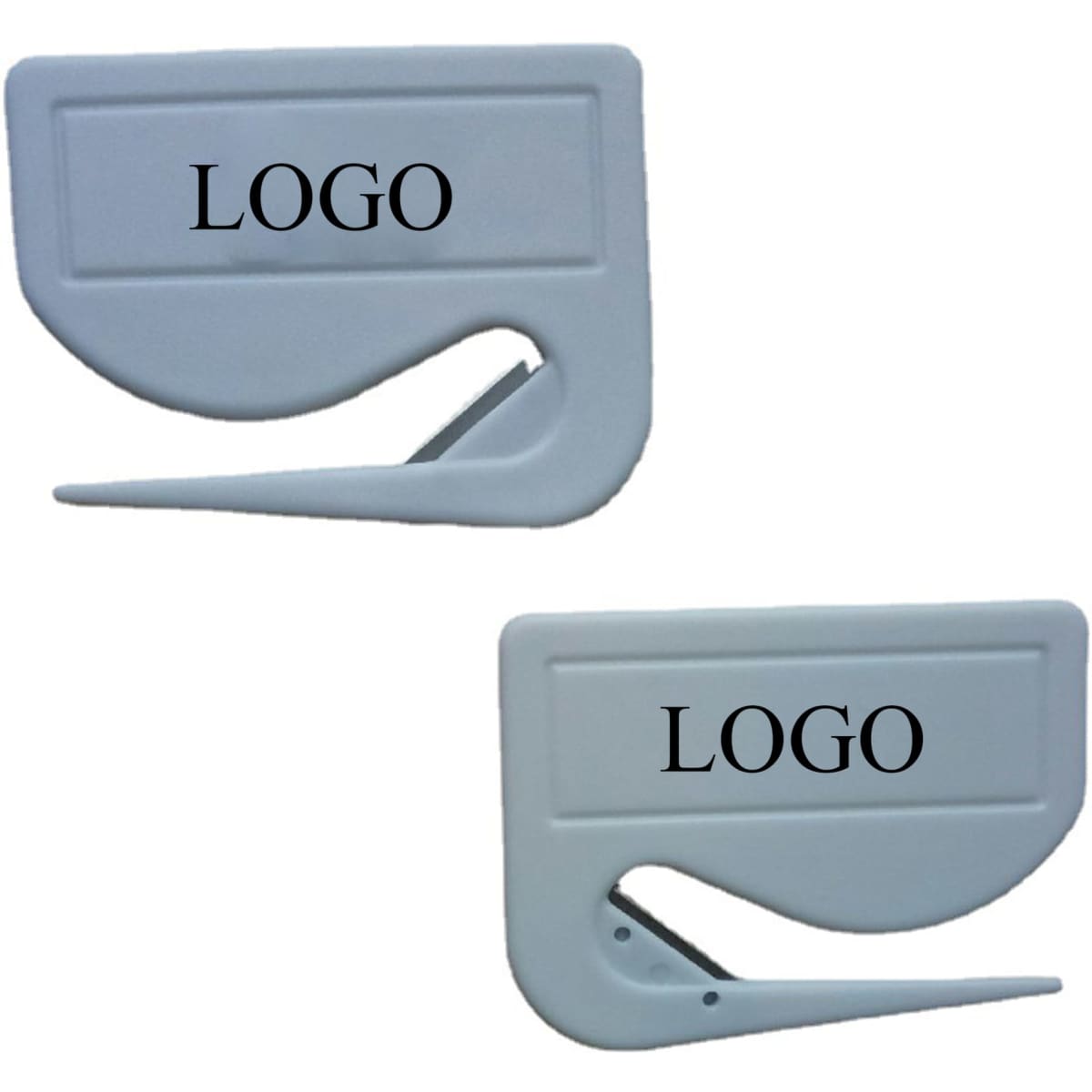 Two custom imprinted letter openers in white, featuring a sleek design and a space for a logo.