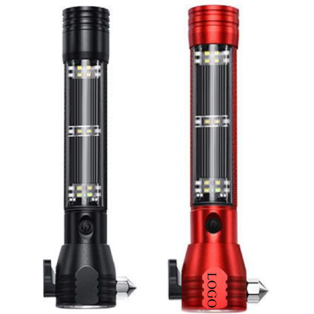 A flashlight with a power bank feature, available in black and red, with a logo on the side.