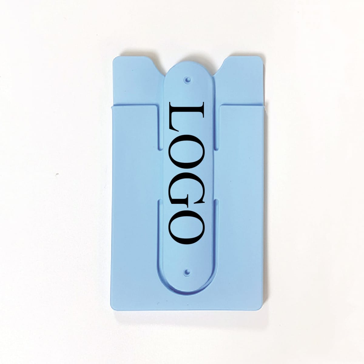 A light blue silicone phone stand and wallet card holder featuring a logo.