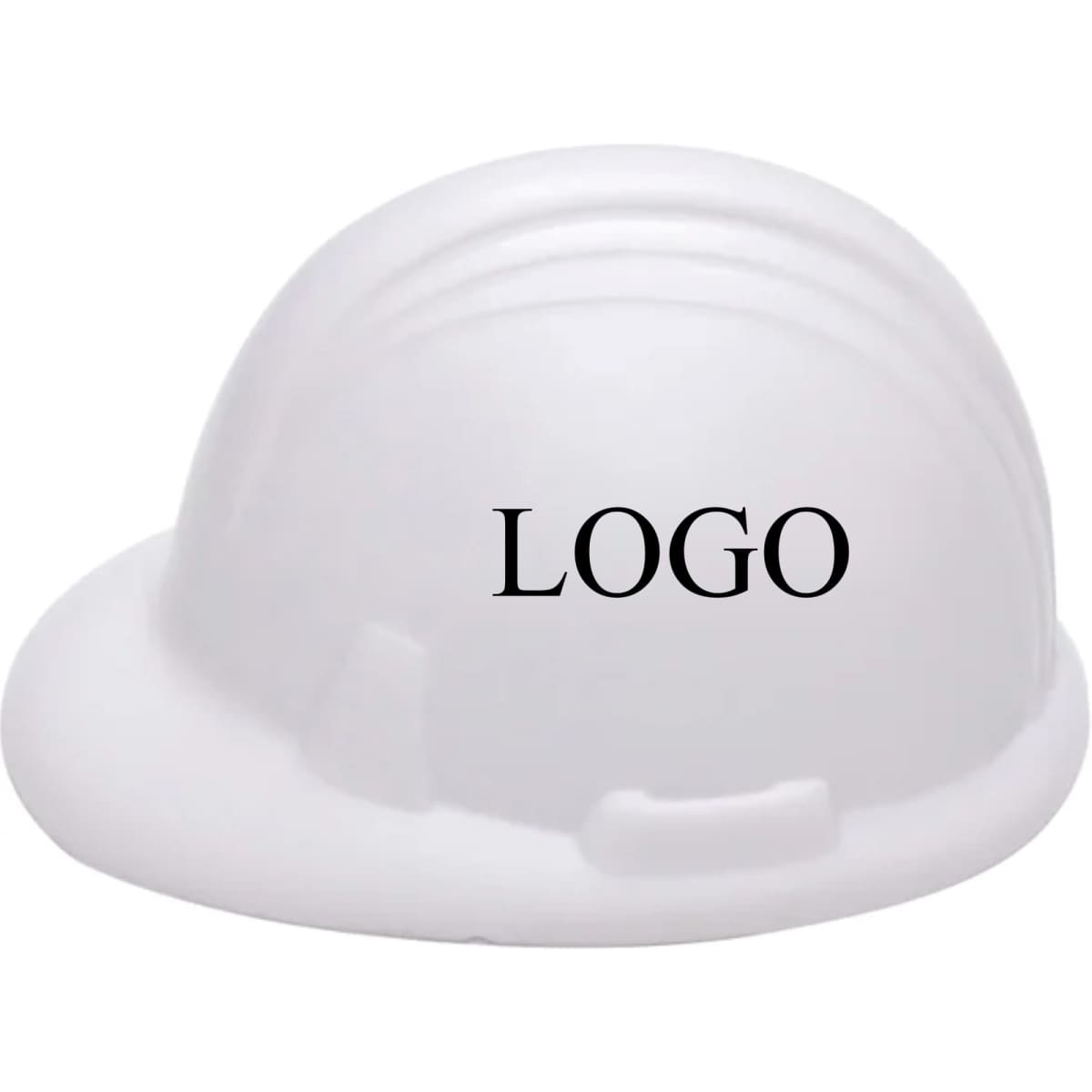 A white stress ball shaped like a hard hat, featuring a logo on the front.