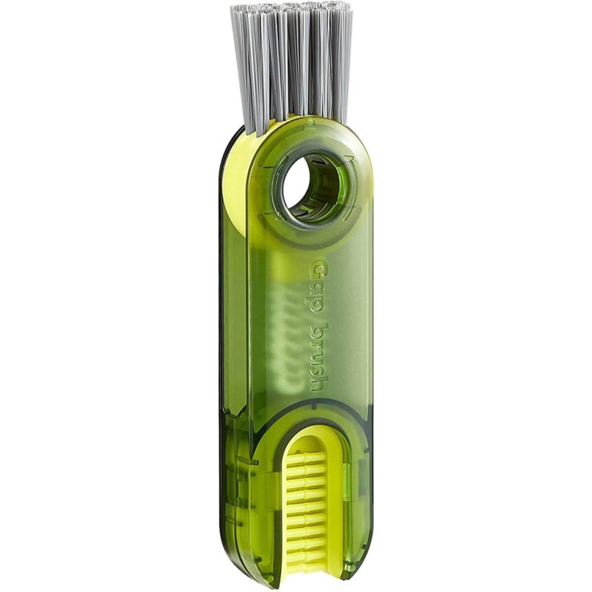 A drink bottle brush in green and grey with bristles for cleaning, featuring a logo on the body.