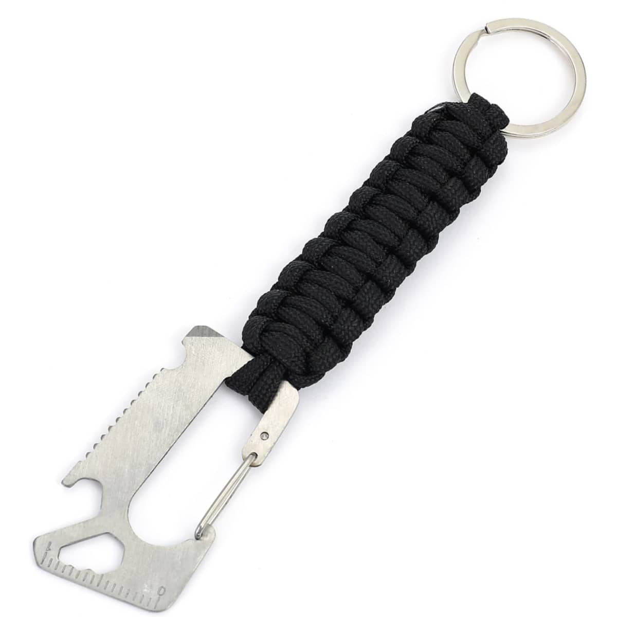A black multi-tool carabiner featuring a knife edge, bottle opener, and keyring attachment.