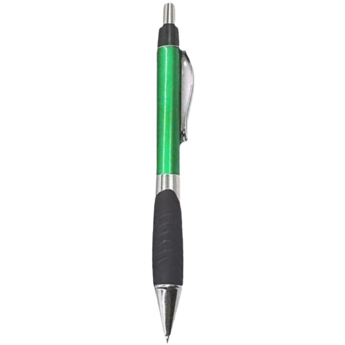 A green plastic pen with a silver clip and a textured black grip. It features a logo branding on the barrel.