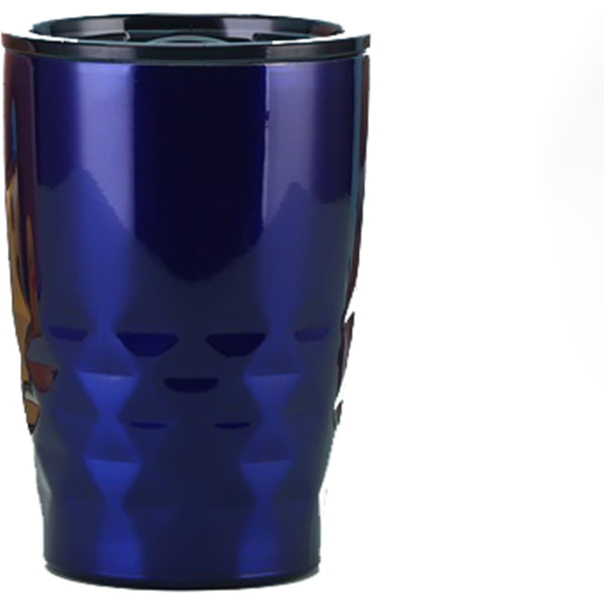 A drink bottle featuring a shiny deep blue finish and a textured, modern design. Includes a black lid.
