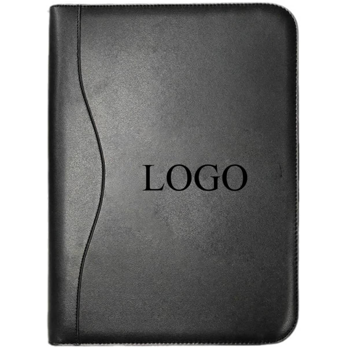 A black ring binder with a textured finish and a logo on the front cover.