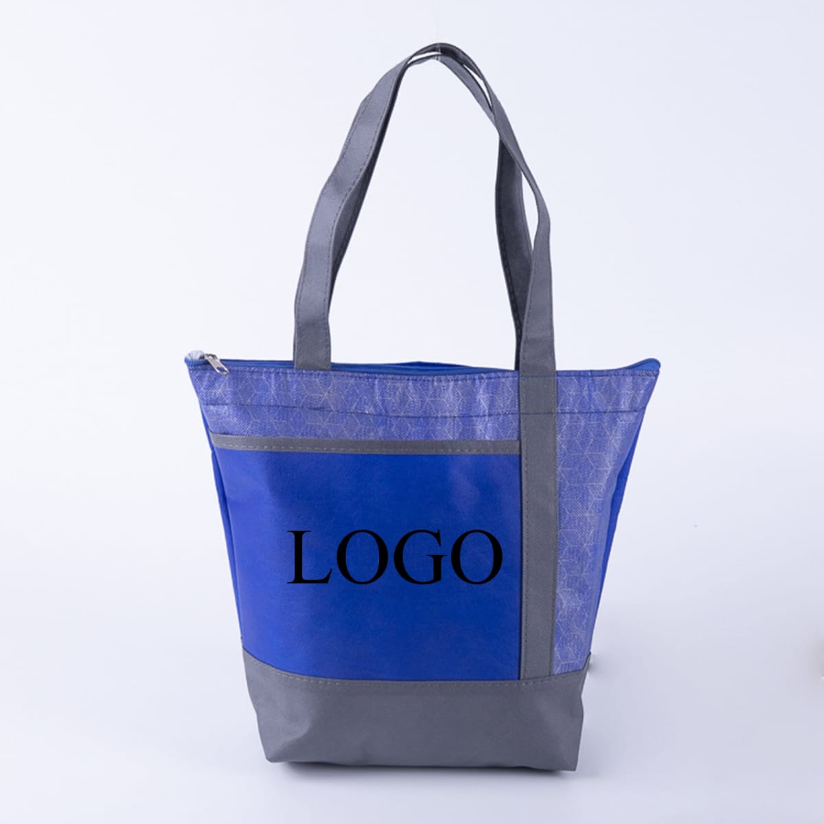 A blue and grey cooler tote bag with a logo on the front and shoulder straps.