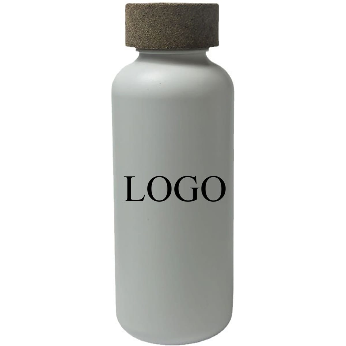 A drink bottle in white with a cork lid and a logo on the front.