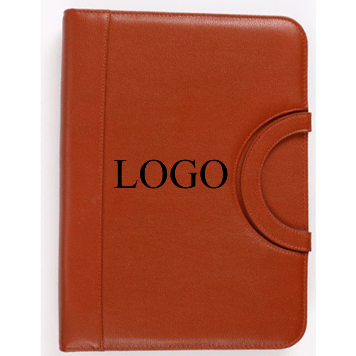 A brown leather portfolio with a circular clasp and a logo on the front cover.