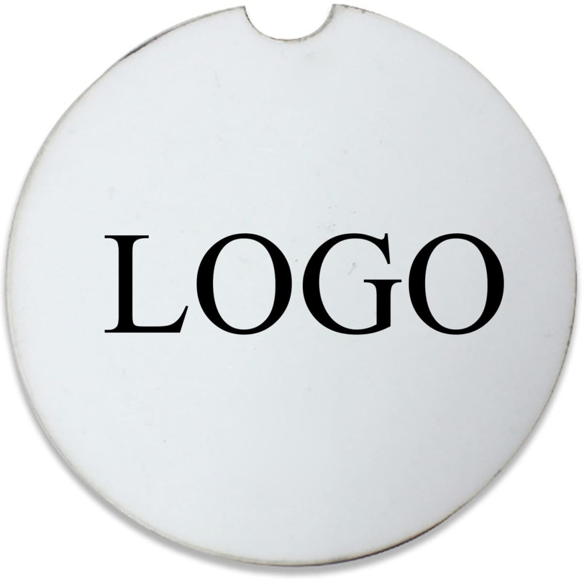 A round, white car coaster featuring a logo in the centre.