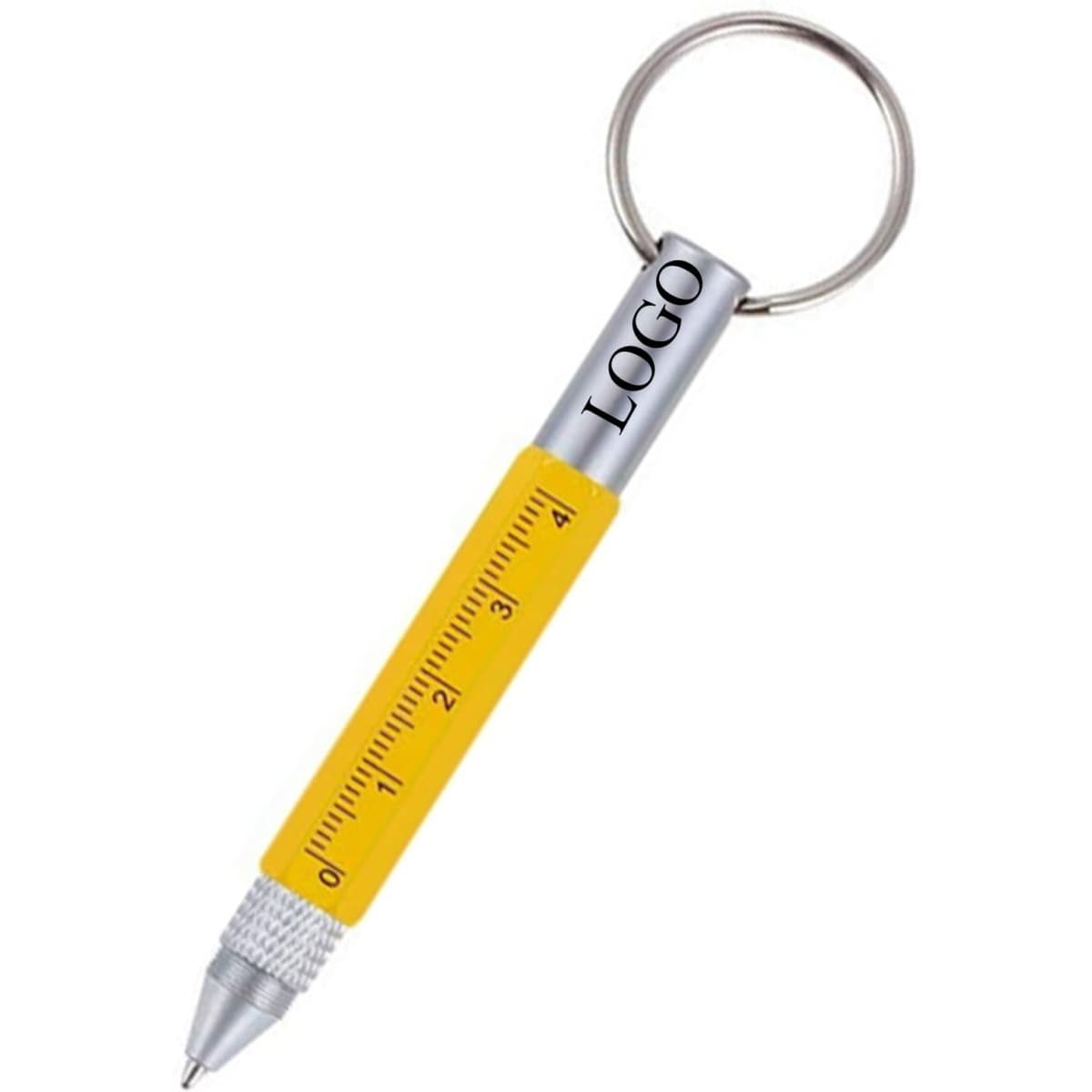 A yellow 6-in-1 pen with a keyring attachment, featuring various function indicators and a logo.