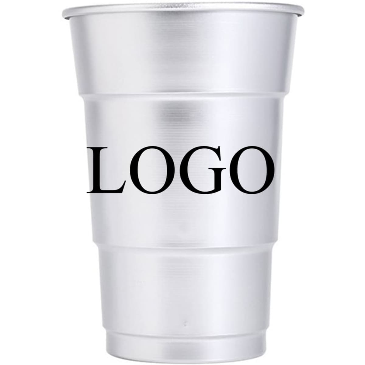 A rolled edge aluminium cup in metallic silver, featuring a logo. Suitable for various drinkware uses.
