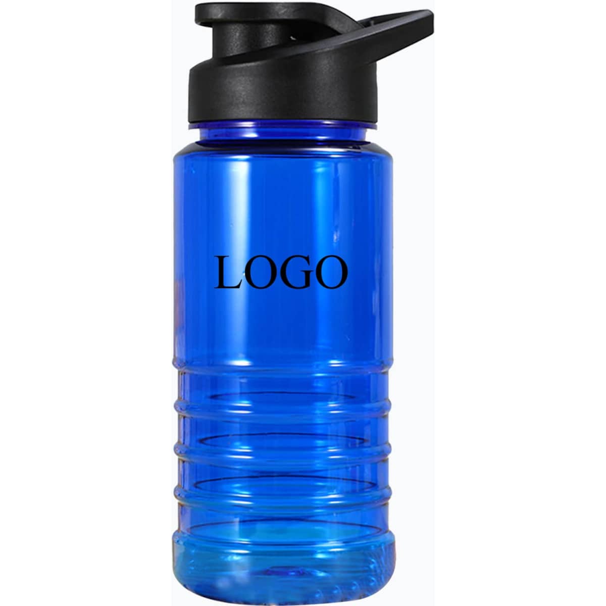 A drink bottle in blue with a black drink-thru lid and an embossed logo.
