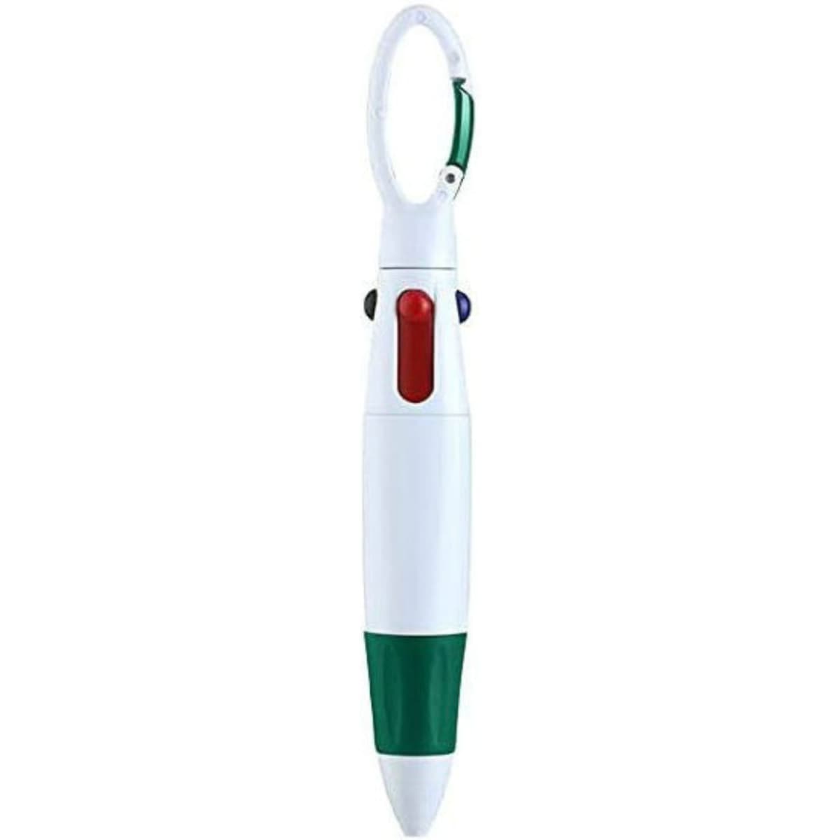 A four-colour ballpoint pen featuring a white body with a green grip, clip, and buttons in blue and red.