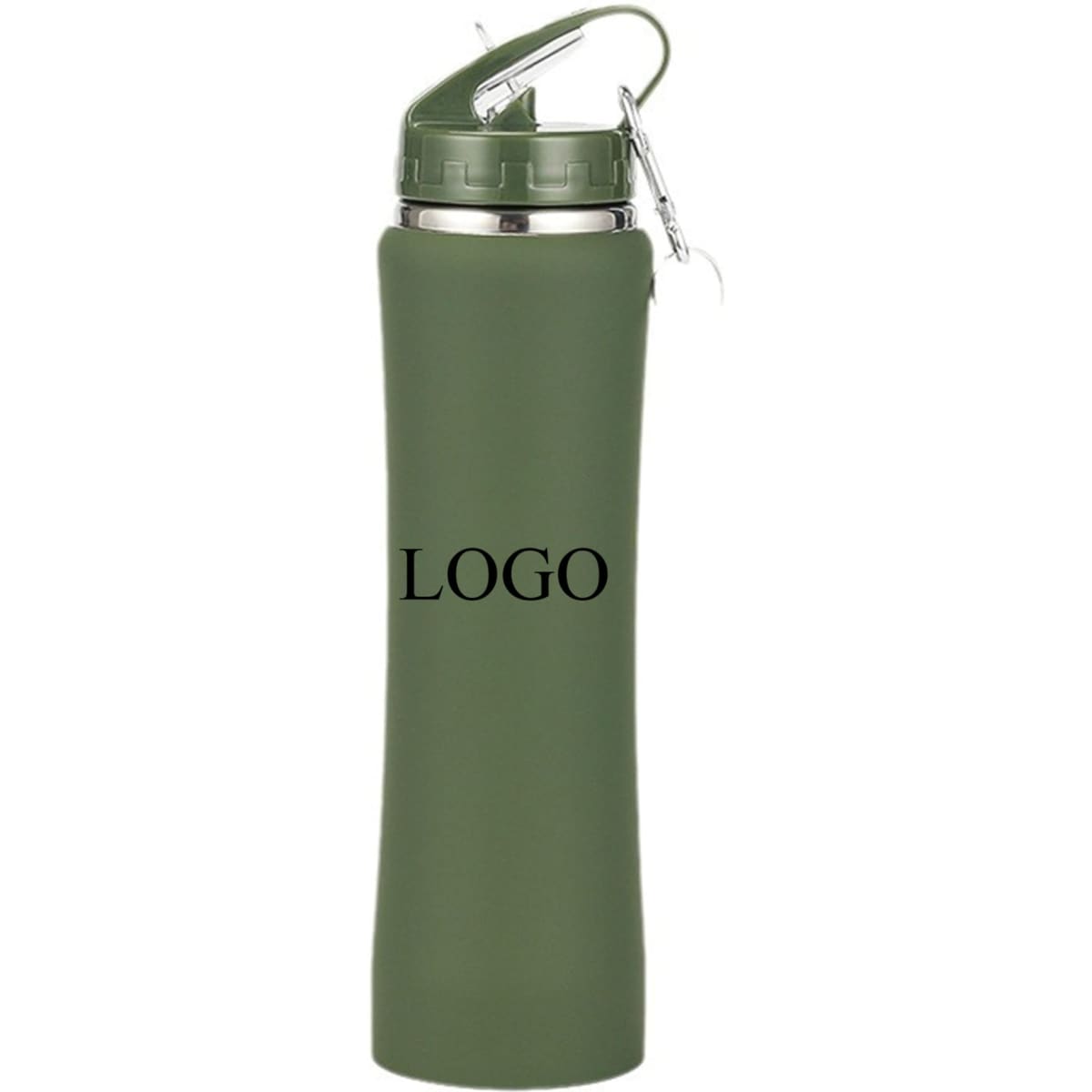 A drink bottle in olive green stainless steel with a screw-on lid and a clip, featuring a logo.