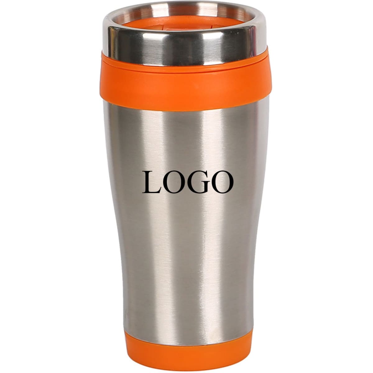 A stainless steel travel mug in silver with an orange silicone grip. Features a logo on the side.
