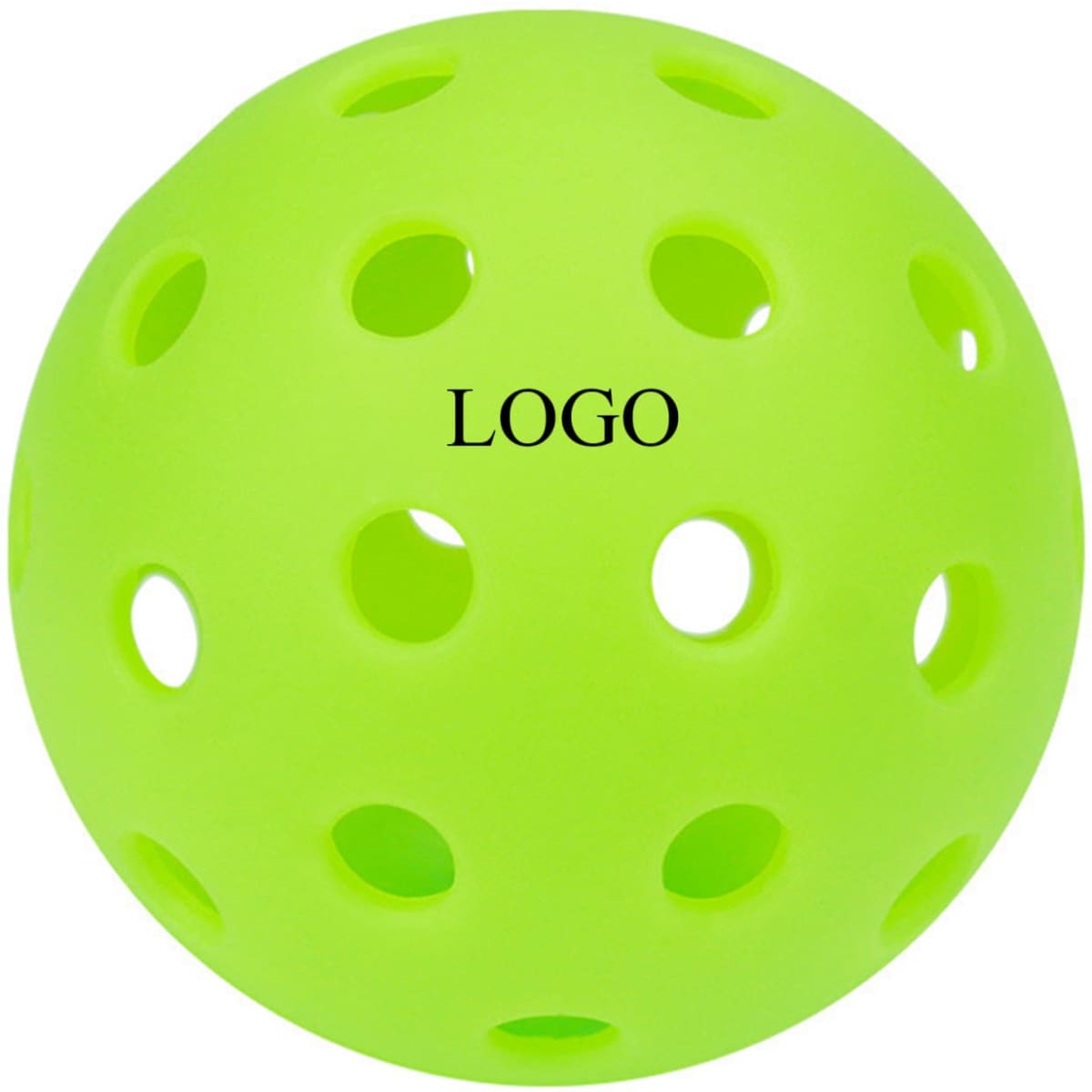 A bright green pickleball featuring multiple holes and a logo.
